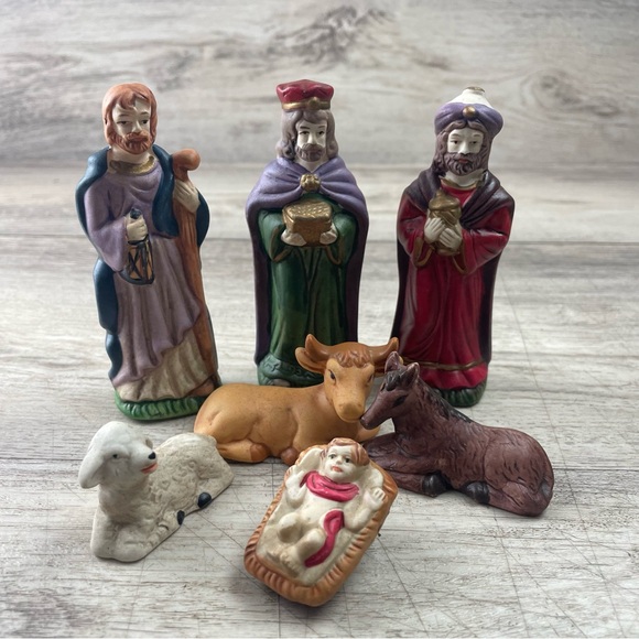Nativity Ceramic Set 6 Piece - Three Wise Men Jesus Horse Lamb Bull - Picture 1 of 6
